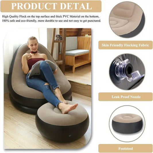 Inflatable Flocked Lounge Chair with Leg Stool + Electric Air Pump